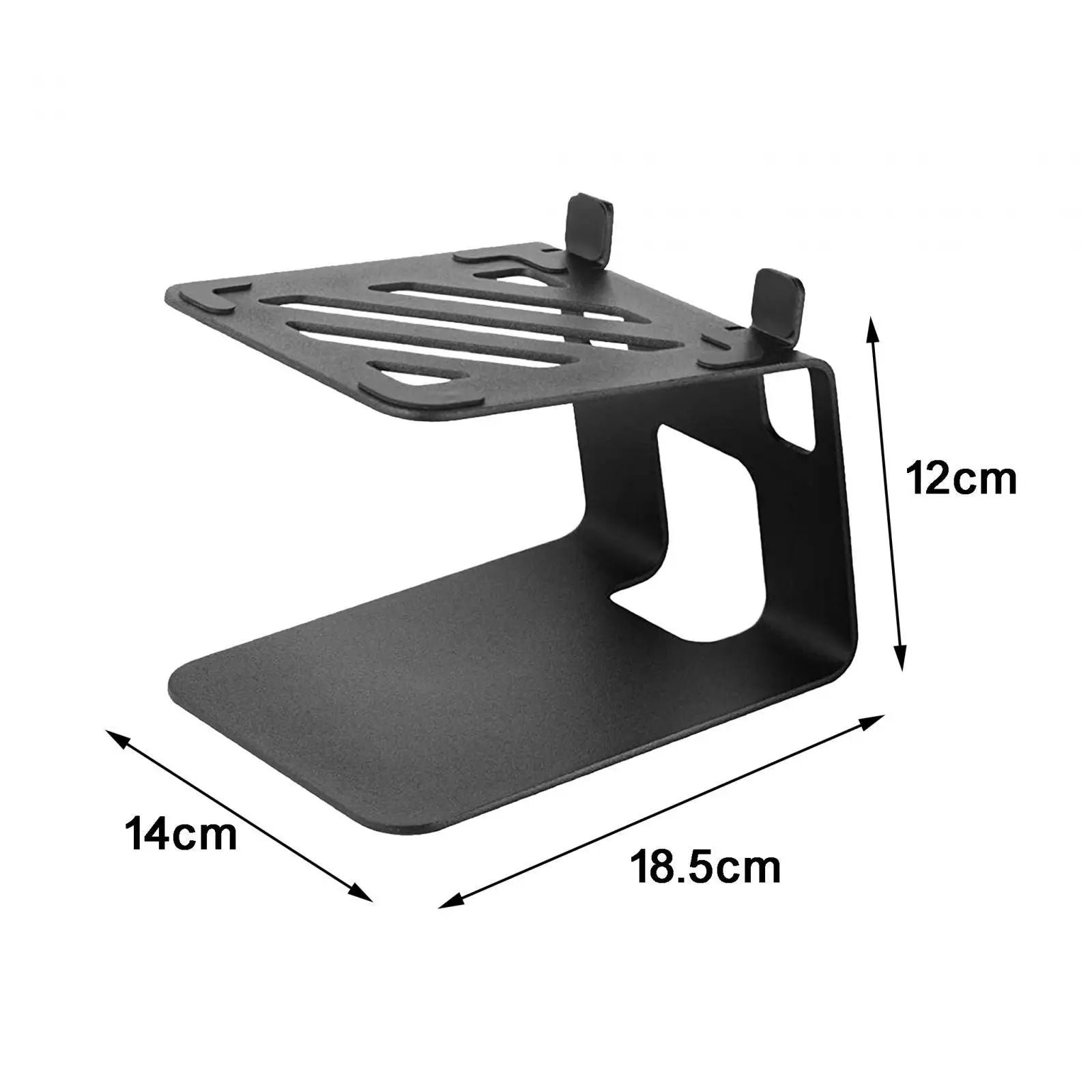 Black metal speaker desktop stand with sleek minimalist design and integrated mounting brackets for home office use