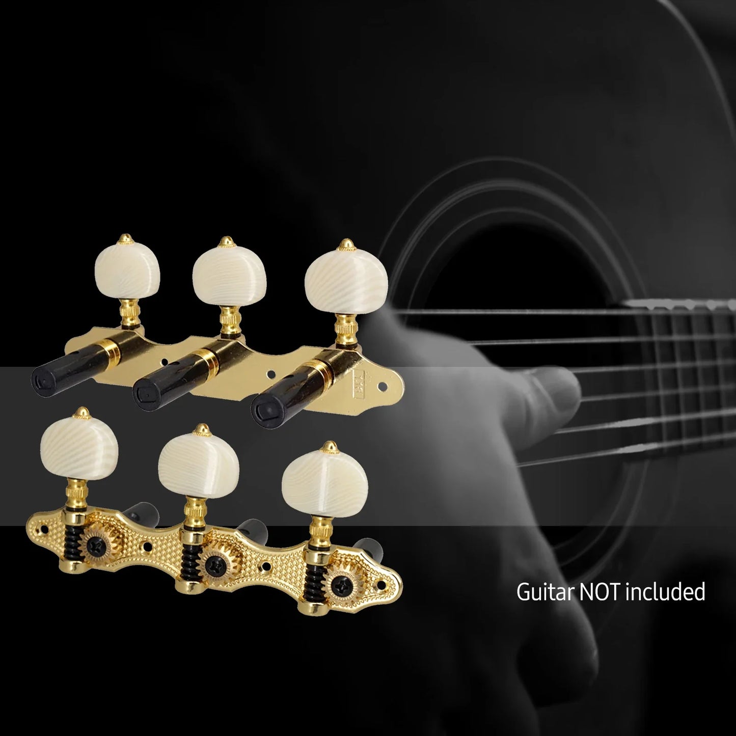Gold-colored classical guitar tuning pegs with white pearl knobs and black metal shafts for acoustic guitar replacement
