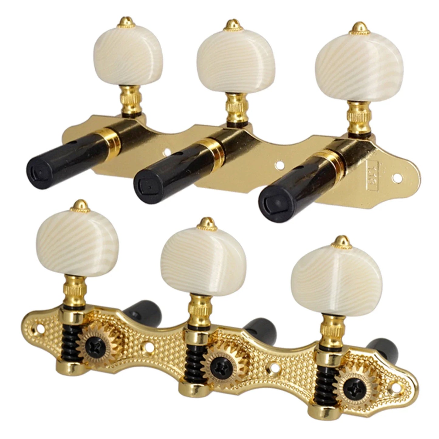 Gold-finished classical guitar tuning pegs with cream mother-of-pearl knobs and black plastic pegs for acoustic guitars