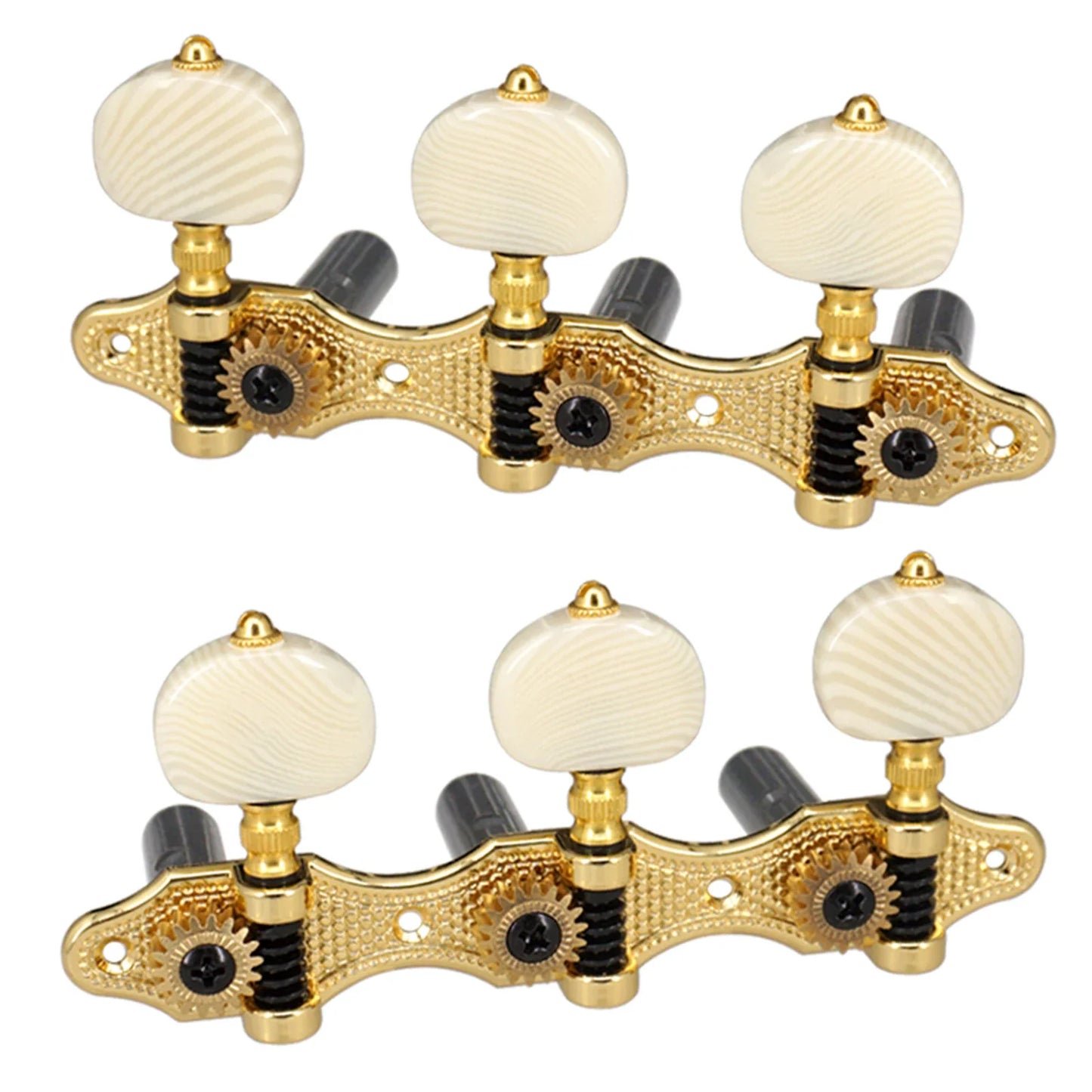Gold-finished classical guitar tuning pegs with cream bone-like knobs and black springs for acoustic guitar replacement