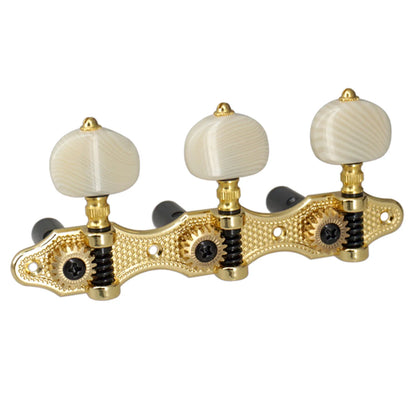 Gold-finished classical guitar tuning pegs with cream textured mother-of-pearl knobs for acoustic guitar replacement