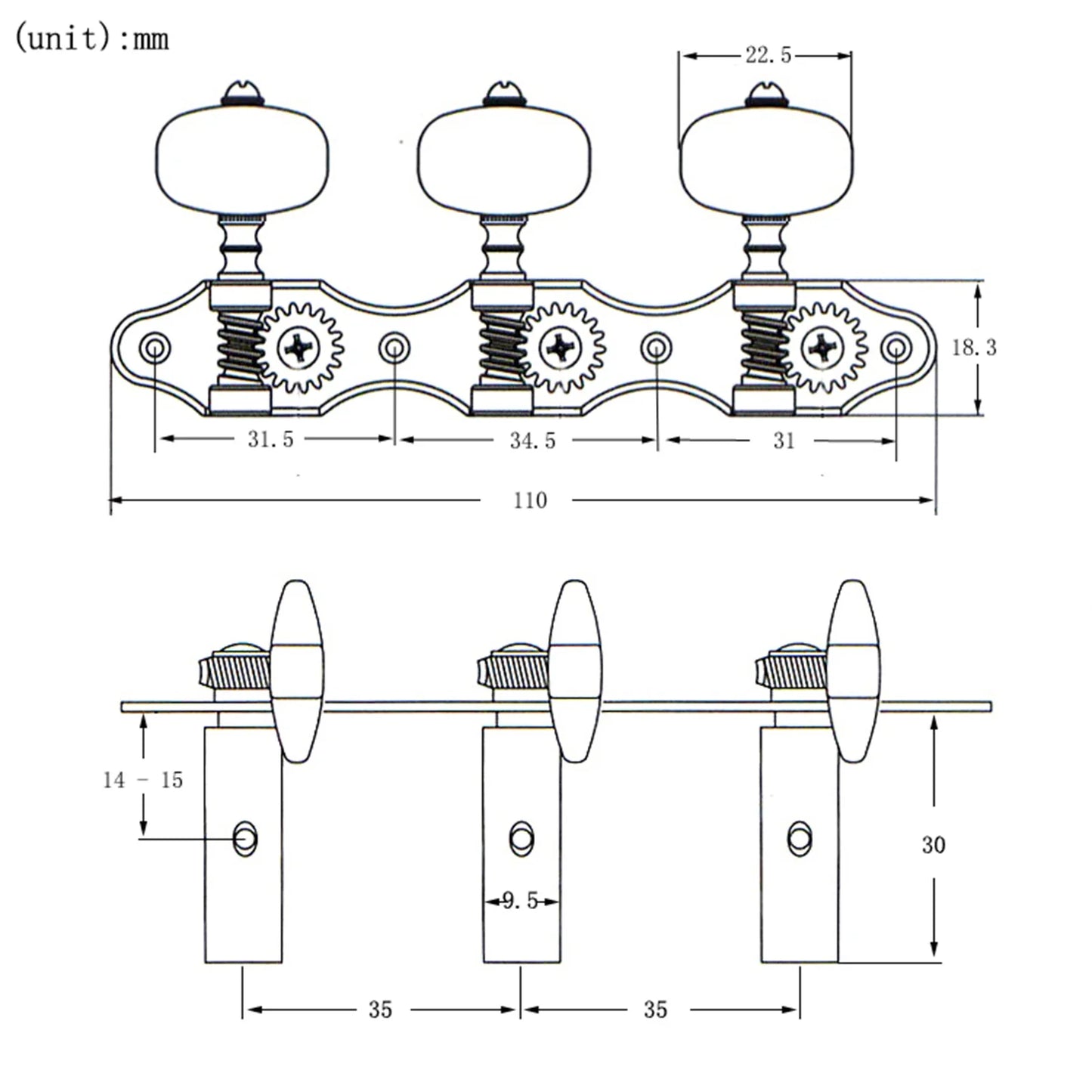 Three-saddle classical guitar tuning pegs with rounded knobs and gear mechanisms for acoustic guitar replacement