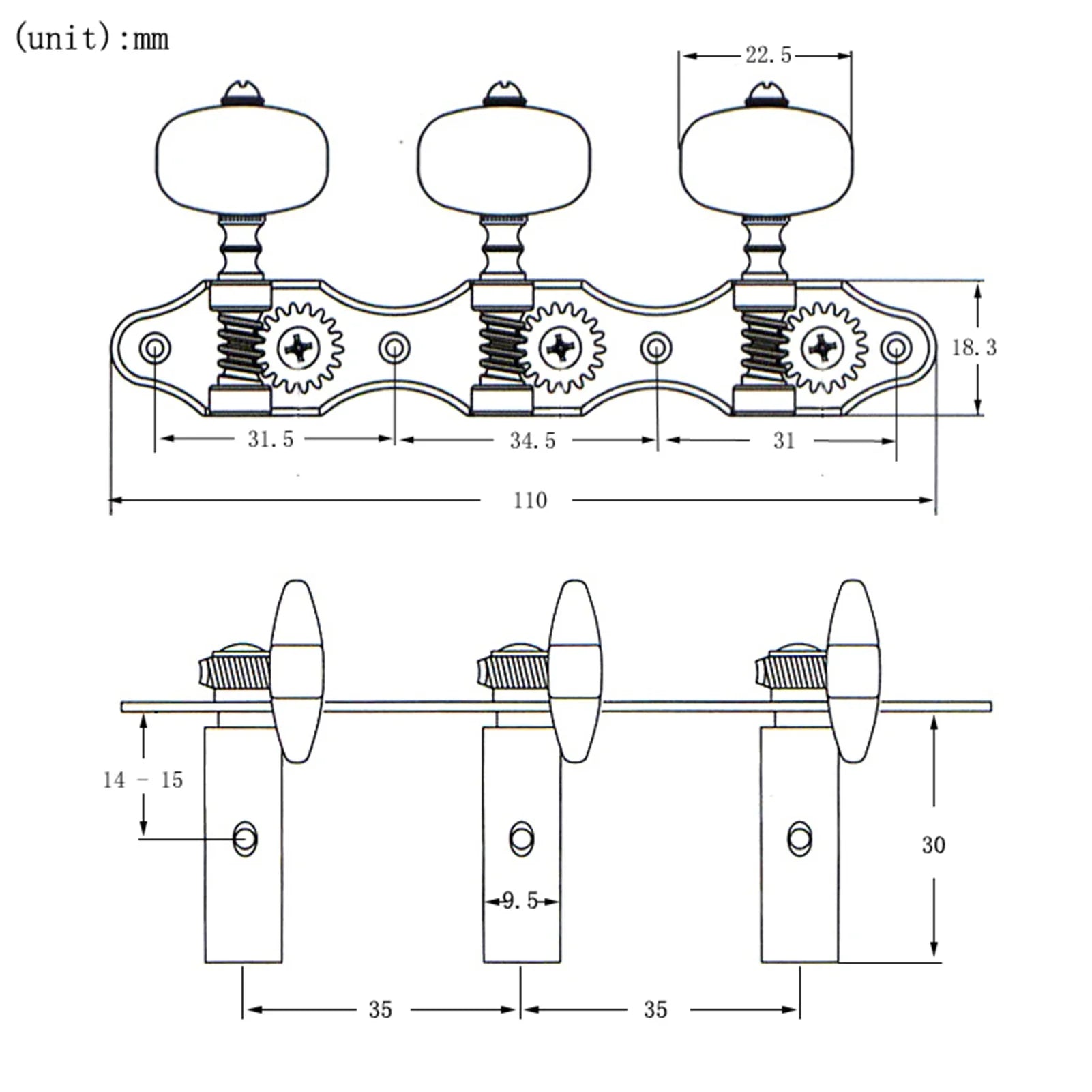 Three-saddle classical guitar tuning pegs with rounded knobs and gear mechanisms for acoustic guitar replacement
