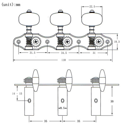 Three-saddle classical guitar tuning pegs with rounded knobs and gear mechanisms for acoustic guitar replacement