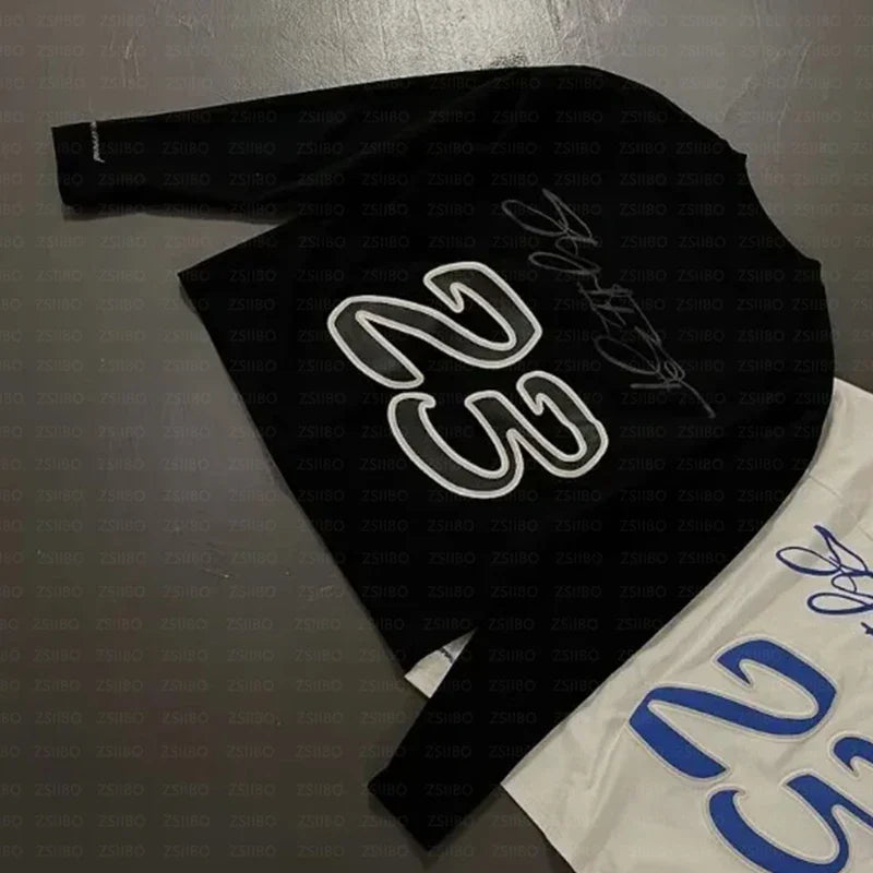 Black hoodie featuring white outlined 23 logo and signature detail in 2000s simple fashion harajuku streetwear hip style