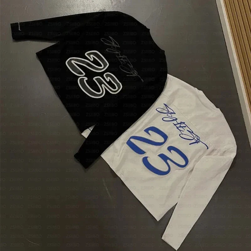 Black and white long-sleeved 2000s simple fashion tops with bold 23 letter printing round neck for harajuku streetwear hip style