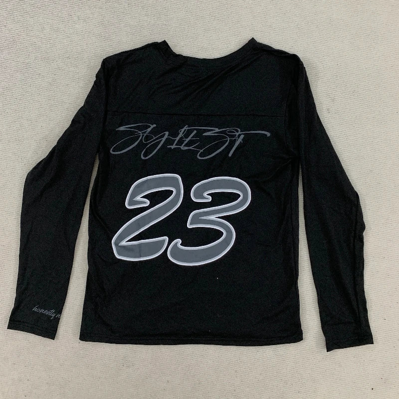 Black long-sleeved shirt with silver cursive 23 and signature design in 2000s simple fashion harajuku streetwear hip style