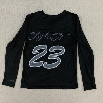 Black long-sleeved shirt with silver cursive 23 and signature design in 2000s simple fashion harajuku streetwear hip style
