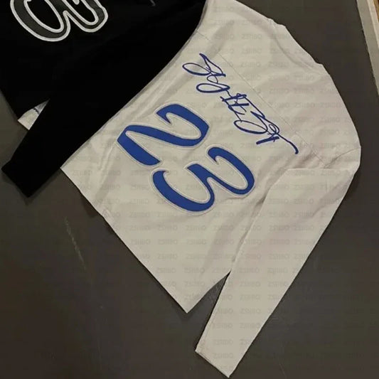 White long-sleeved shirt with blue letter printing round neck and signature in 2000s simple fashion harajuku streetwear hip style
