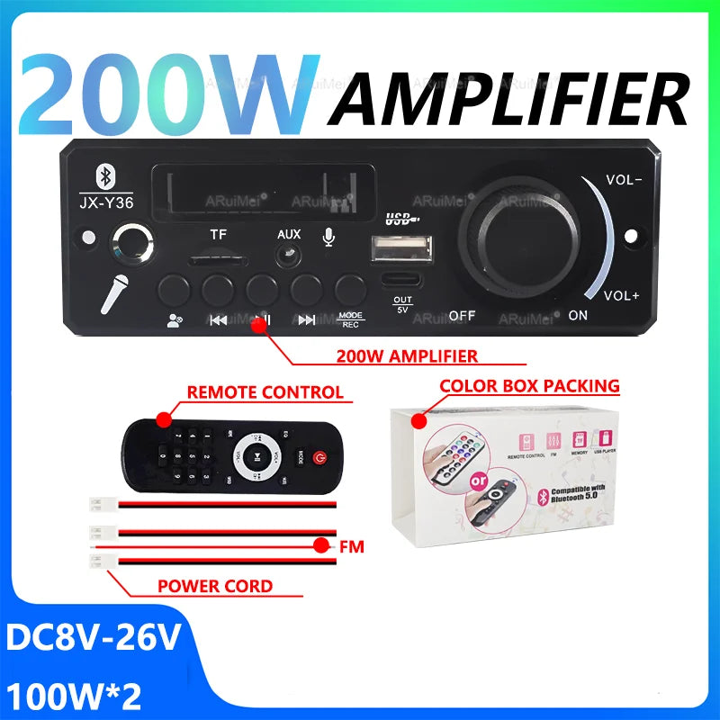 Black 200w car amplifier with bluetooth 5.3, built-in remote, pause button, mode button, and long press functions