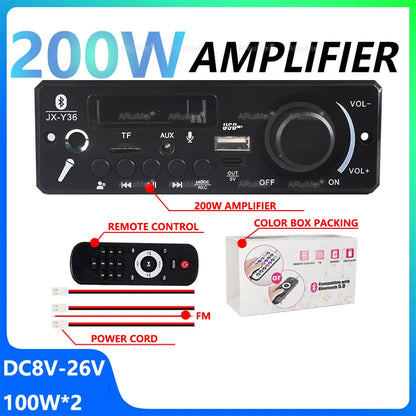 Black 200w car amplifier with bluetooth 5.3, built-in remote, pause button, mode button, and long press functions