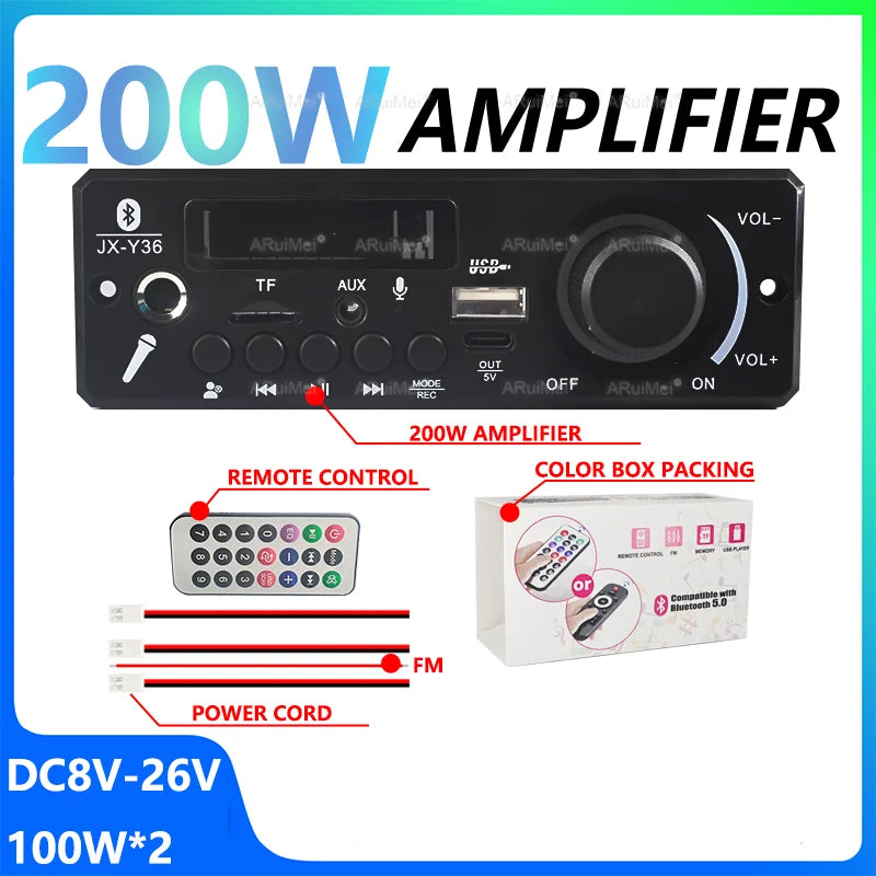 Black 200w car amplifier with bluetooth 5.3, built-in remote, mp3 wma support, long press pause button for handsfree control