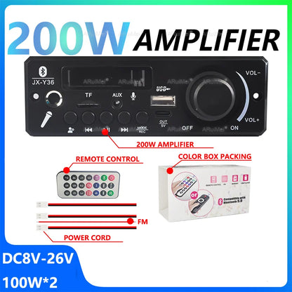 Black 200w car amplifier with bluetooth 5.3, built-in remote, mp3 wma support, long press pause button for handsfree control