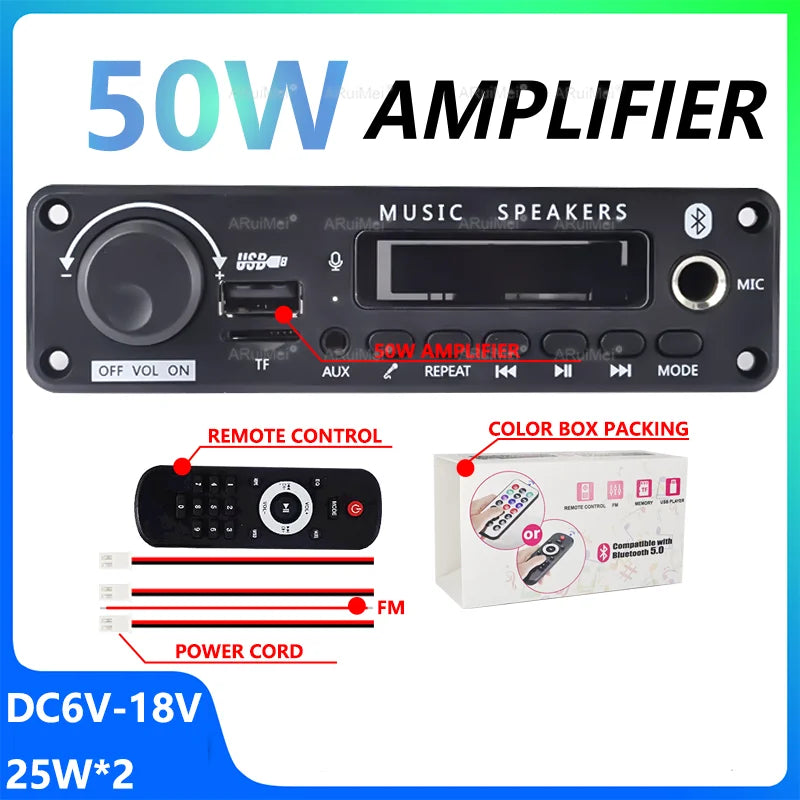 Black 50w car audio amplifier with usb aux bluetooth connectivity supports mp3 wma playback and long press pause button functions
