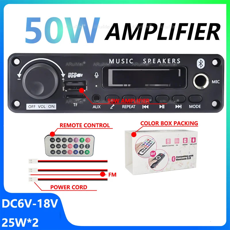 Black 50w car audio amplifier with usb aux bluetooth connectivity featuring mp3 wma support and pause button long press function