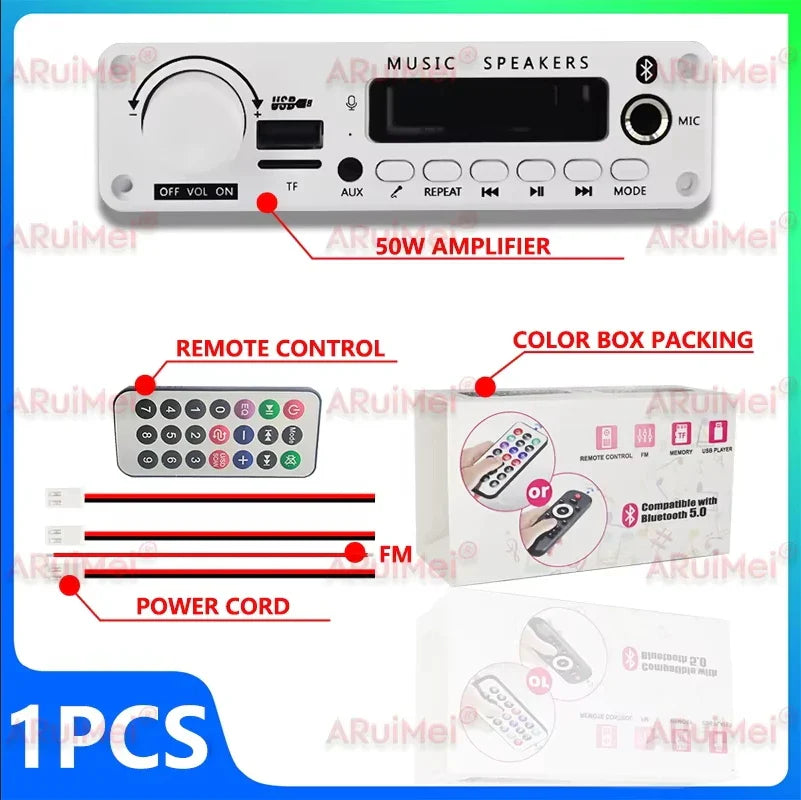 White plastic 200W car audio amplifier with bluetooth 5.3 digital display mode button and pause button features
