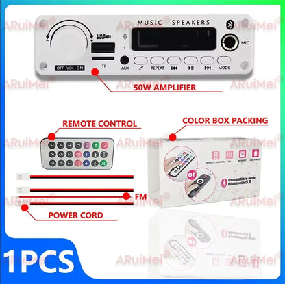 White plastic 200W car audio amplifier with bluetooth 5.3 digital display mode button and pause button features
