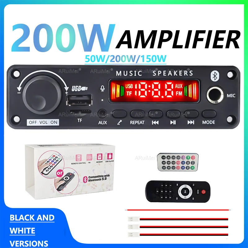 Black 200w car audio amplifier with red digital display and multiple input ports featuring mode button and long press pause function