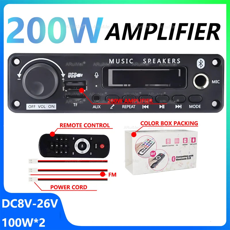 Black 200w car audio amplifier with usb aux bluetooth connectivity supports mp3 wma decoder long press pause button function