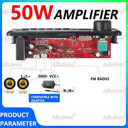 Black plastic housing with red circuit board and black knobs 50w amplifier with mp3 wma long press pause button functions