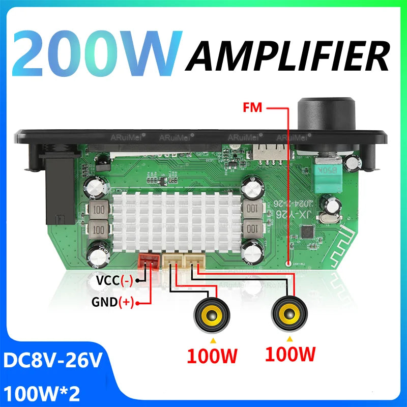 Green circuit board 200w amplifier with white heat sink and black knobs for mp3 wma car audio with long press pause button