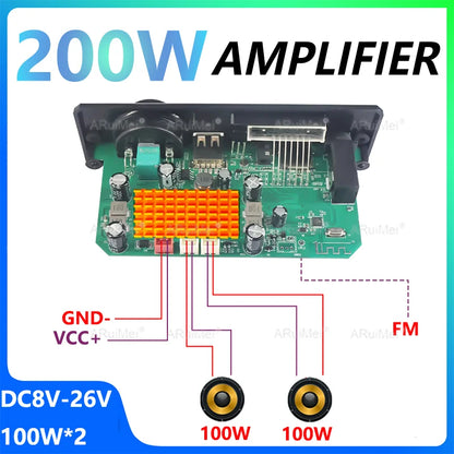 Green circuit board 200w amplifier with orange heat sink and black casing supports mp3 wma playback and long press pause button
