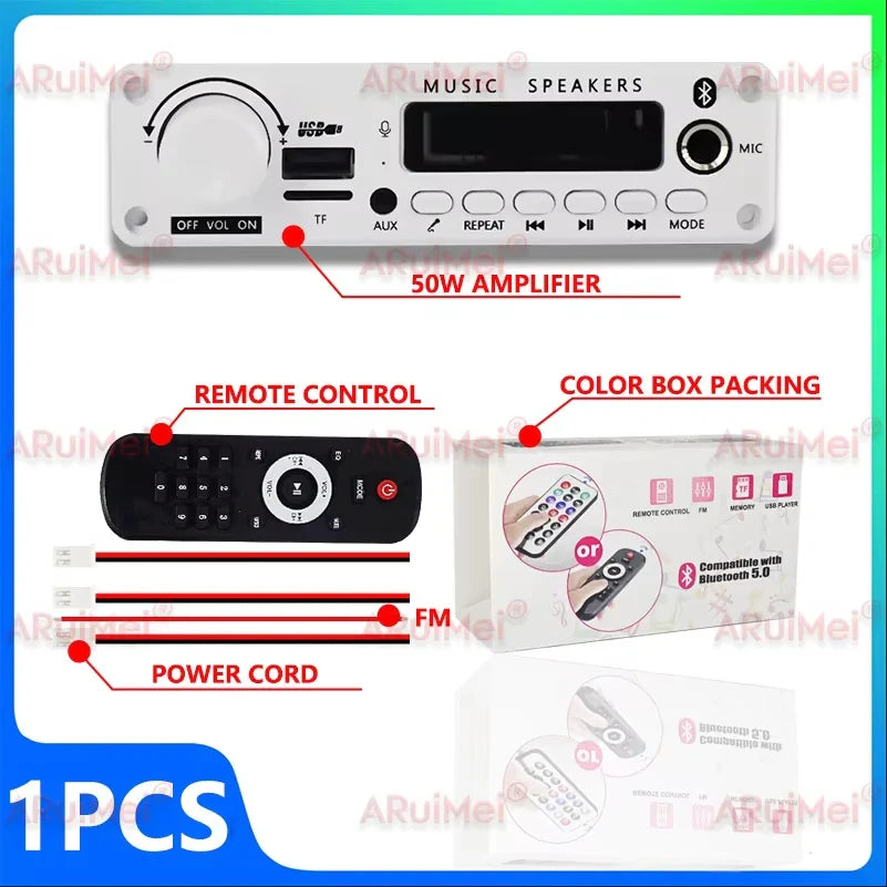 White plastic 50w car audio amplifier with black buttons digital display featuring long press pause and mode buttons