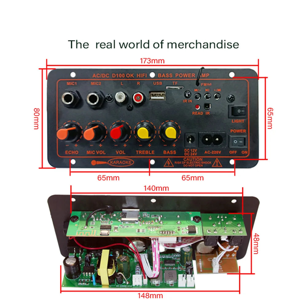 Black rectangular mp3 amplifier board panel with orange red yellow knobs for echo volume treble bass dual microphone amp use