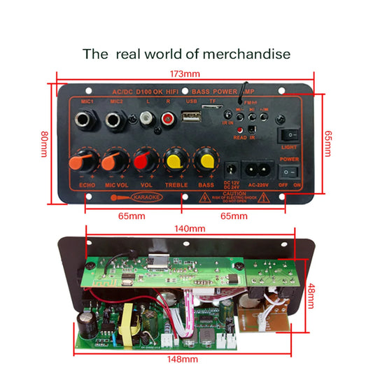 Black rectangular mp3 amplifier board panel with orange red yellow knobs for echo volume treble bass dual microphone amp use