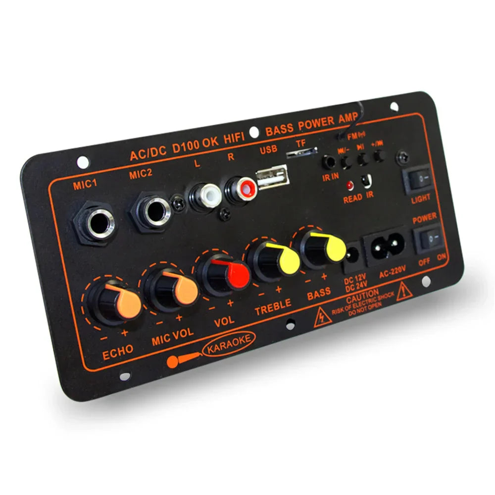 Black rectangular 200w bluetooth 5.0 mp3 amplifier board panel with orange labeling and colorful knobs for car music lossless dual microphone amp