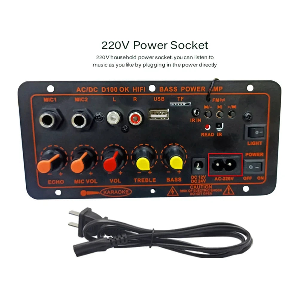 Black rectangular 200w mp3 amplifier board with orange knobs usb tf ports 220v socket dual microphone amp for car music lossless