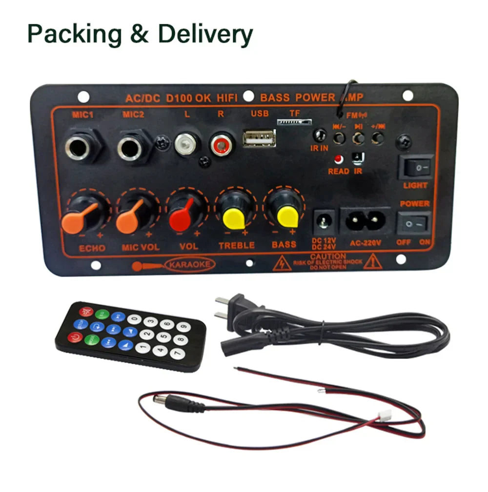 Black dual microphone amp panel with orange yellow knobs and remote for 200w bluetooth 5.0 mp3 amplifier board car music lossless