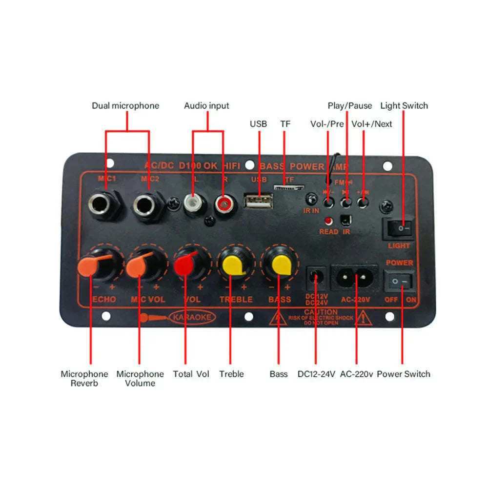Black 200w bluetooth 5.0 mp3 amplifier board with orange and white knobs for dual microphone amp and car music lossless bass sound