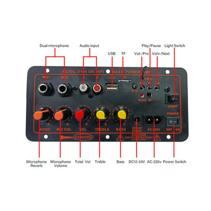 Black 200w bluetooth 5.0 mp3 amplifier board with orange and white knobs for dual microphone amp and car music lossless bass sound