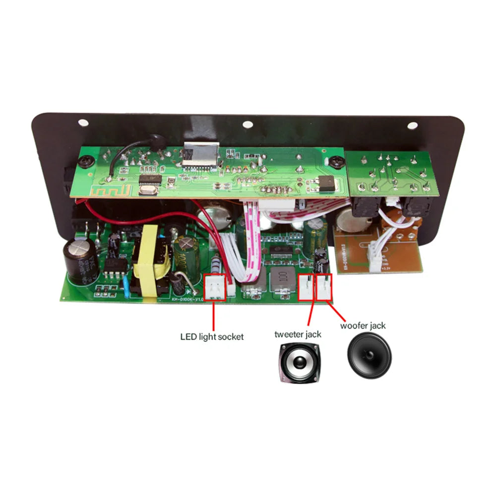 Green circuit board with black casing and labeled audio parts of 200W bluetooth 5.0 dual microphone amp mp3 amplifier board for car music lossless use
