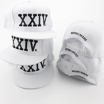 White snapback unisex bruno mars cotton bone rapper xxiv dad hat with black lettering and embroidered back strap