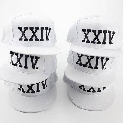 White unisex bruno mars cotton bone rapper xxiv dad hat with bold black xxivk lettering front snapback cap