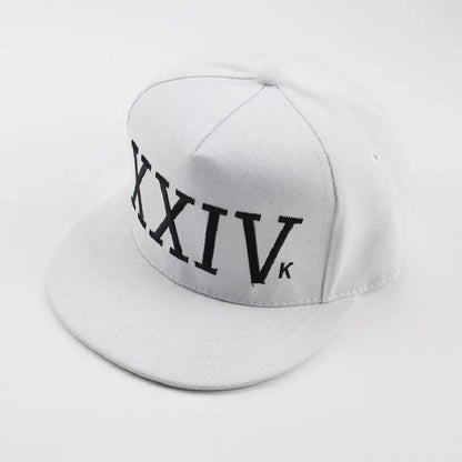 White unisex bruno mars cotton bone rapper snapback cap with black embroidered xxiv dad hat lettering