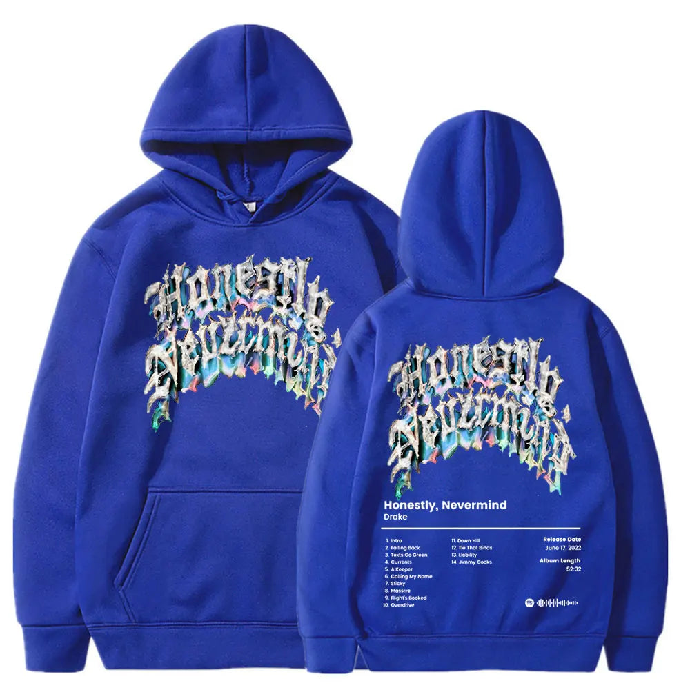 Royal blue hoodie featuring graffiti style honesty nevermind graphic and album honestly nevermind tracklist on back for casual sweatshirt streetwear
