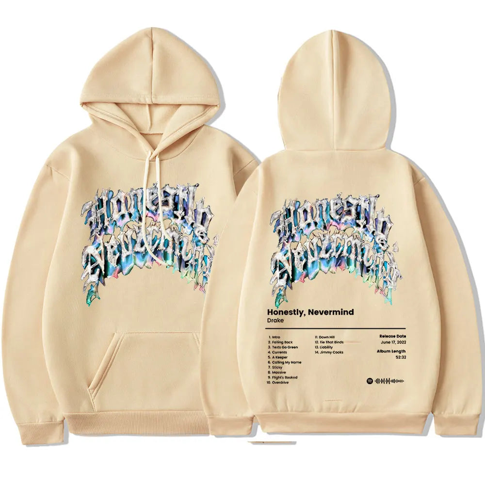 Beige hoodie featuring rapper drake music album honestly nevermind graffiti-style design in casual sweatshirt streetwear style
