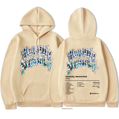 Beige hoodie featuring rapper drake music album honestly nevermind graffiti-style design in casual sweatshirt streetwear style
