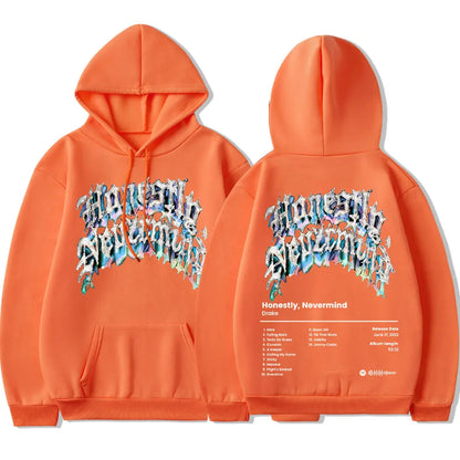 Orange hoodie featuring graffiti style honesty nevermind graphic with blue white splatter for rapper drake music casual sweatshirt streetwear