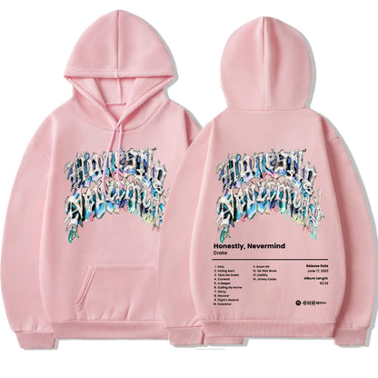 Pink hoodie featuring rapper drake music album honestly nevermind graffiti graphic and tracklist on back casual sweatshirt streetwear