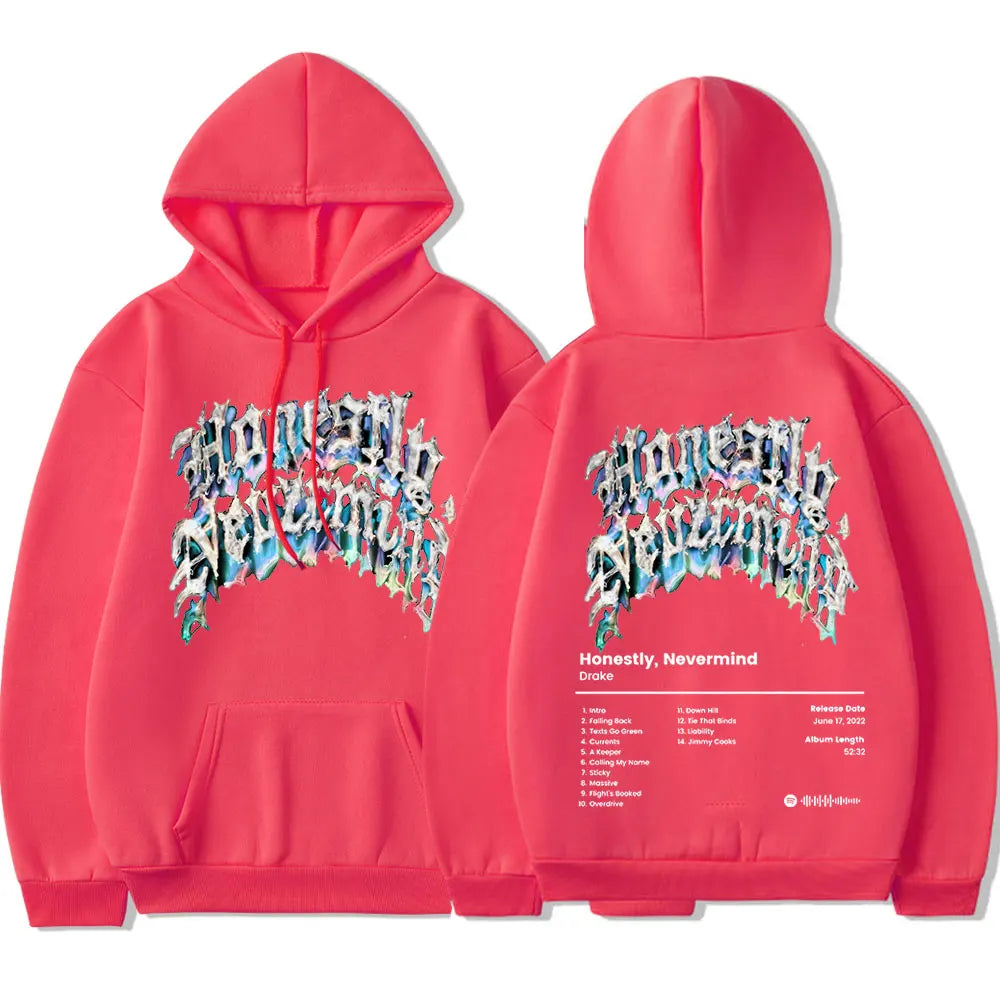 Vibrant pink casual sweatshirt streetwear hoodie with graffiti style honesty nevermind graphic from rapper drake music album