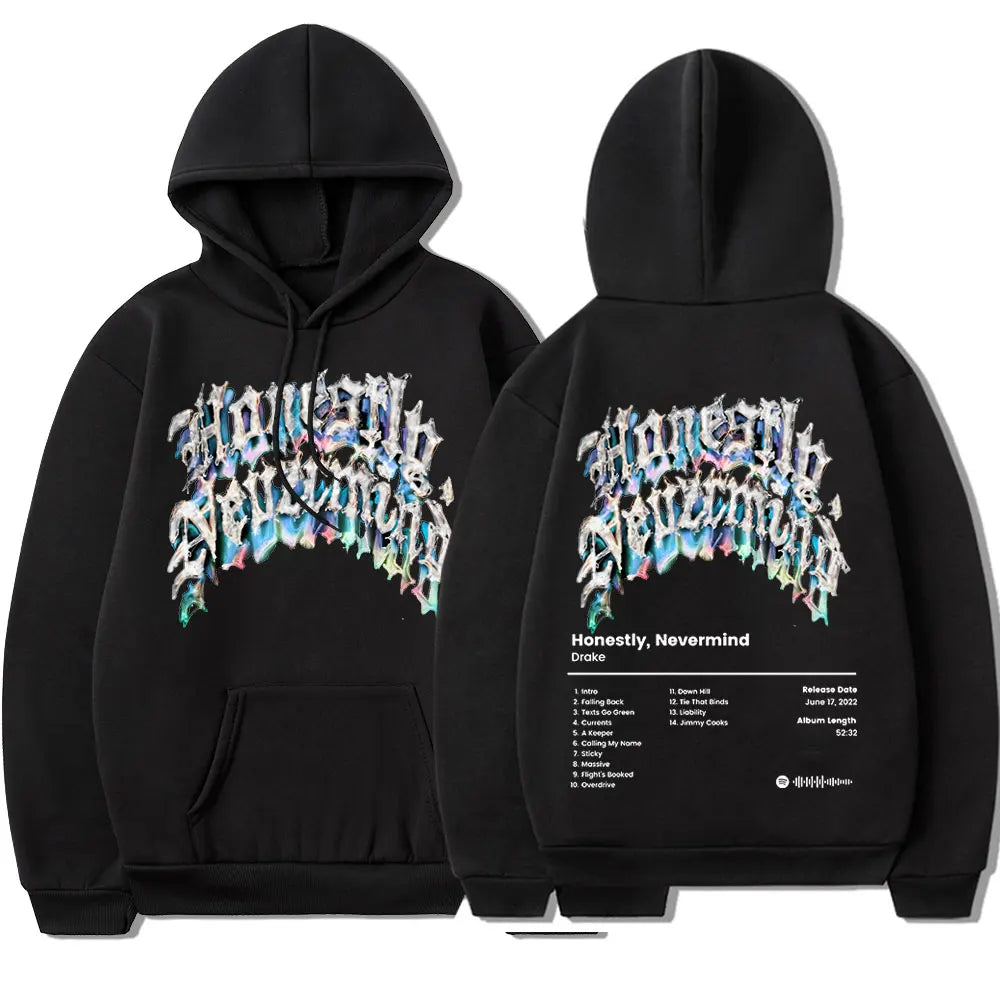 Black hoodie featuring vibrant graffiti style graphic of rapper drake music album honestly nevermind for casual sweatshirt streetwear