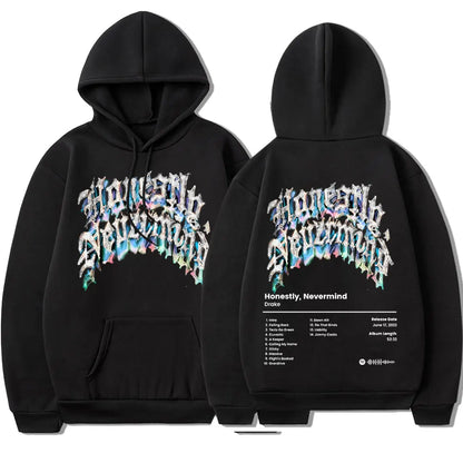 Black hoodie featuring vibrant graffiti style graphic of rapper drake music album honestly nevermind for casual sweatshirt streetwear