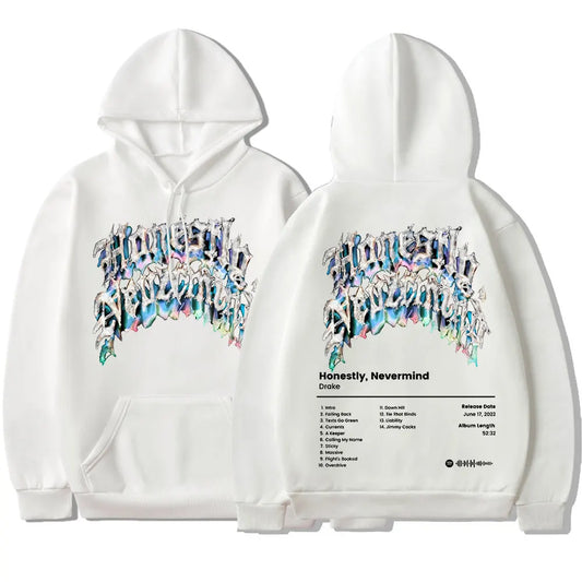 White hoodie featuring colorful graffiti style album honestly nevermind graphic and tracklist on the back for casual sweatshirt streetwear