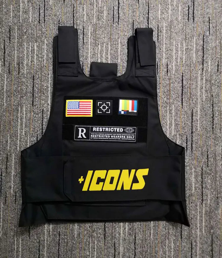 Black tactical vest with yellow plus icons logo american flag patch and embroidered patches for street fashion and rap music style