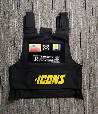 Black tactical vest with yellow plus icons logo american flag patch and embroidered patches for street fashion and rap music style