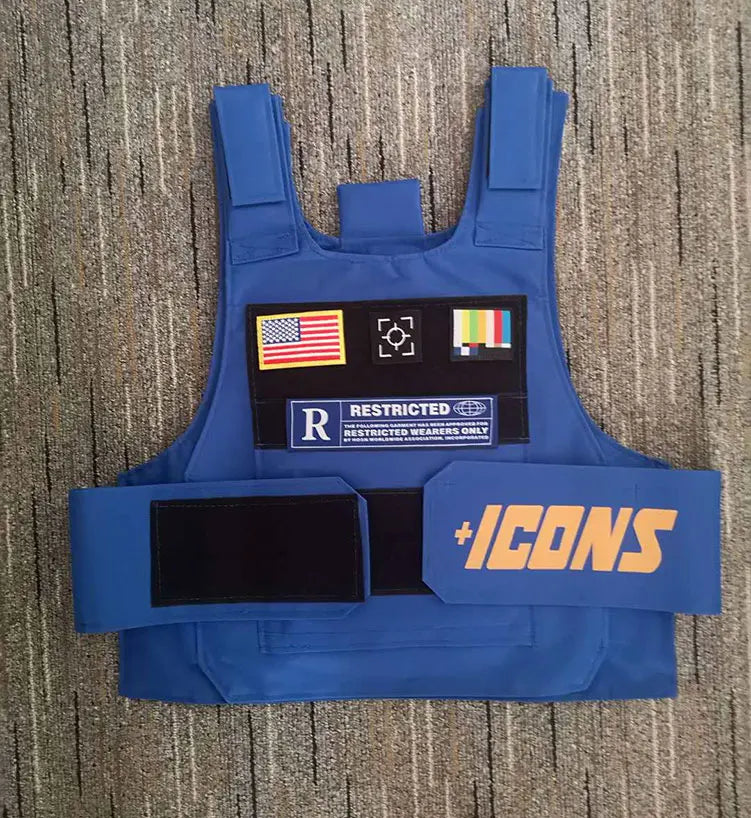 Blue tactical vest with orange plus icons branding and patches including american flag target and rainbow stripe for street fashion